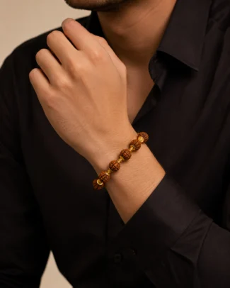 Rudraksha-Style Beaded Gold-Tone Bracelet for Men