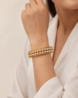 Gold-Tone Pearl Double Row Bangle Bracelet gallery