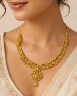 Traditional Gold Necklace with Filigree Pendant & Drop Charm- vijaya jeweller - gallery