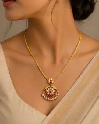 Traditional Gold Pendant Necklace with Ruby and Stone Embellishments - vijaya jeweller - gallery